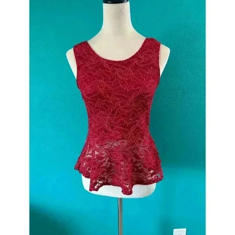 Ambiance Apparel Red Lace Scoop Bow Back Sleeveless Peplum Blouse Size L